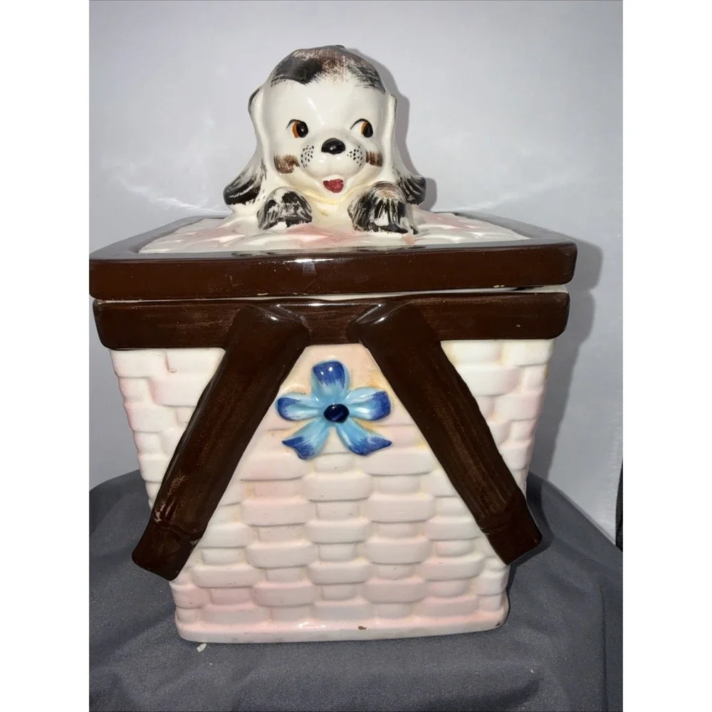 Vintage Napco MCM Basket Weave Cookie Jar w/ Lid With Bla&whit Puppy Basket Pink